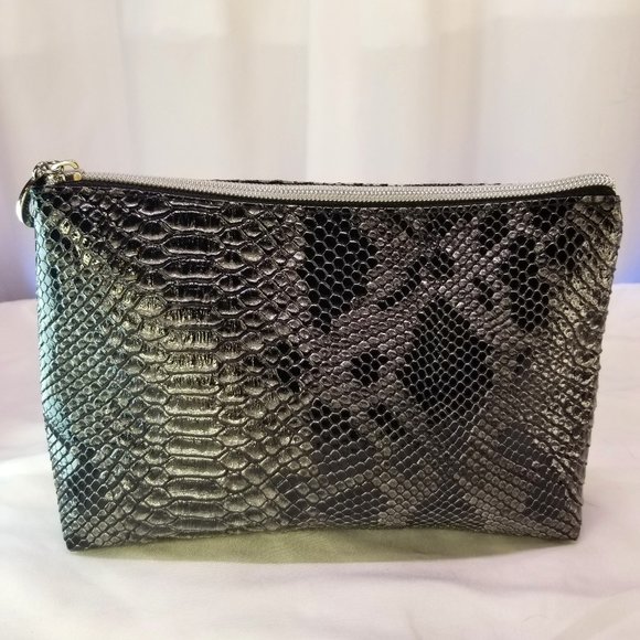Women's Cosmetics Makeup Bag Faux Snakeskin Pattern Black & Gray - Picture 1 of 7